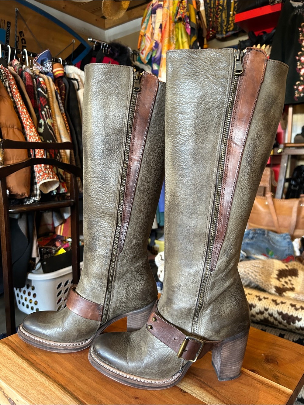 Women's Tall Leather Heeled Boots - Olive with Brown Trim